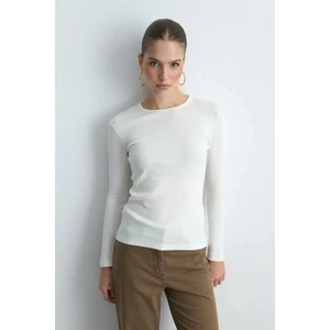 Uzun Kollu Basic Pamuk Tshirt - Ekru