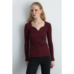 Kalp Yaka Pamuk Bluz - Bordo