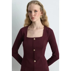 Kare Yaka Pamuk Örme Bluz - Bordo