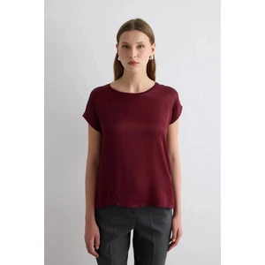 Yuvarlak Yaka Önü Saten Viskon Tshirt - Bordo