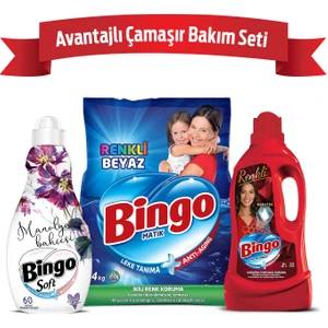 Avantajlı Çamaşır Bakım Seti: Bingo Toz Deterjan 4kg + Sıvı Deterjan 2L + Çamaşır Yumuşatıcısı