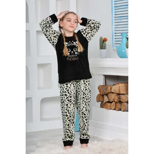 Kız Çocuk Leopar Desenli Göz Bantlı Peluş Polar Pijama Takımı
