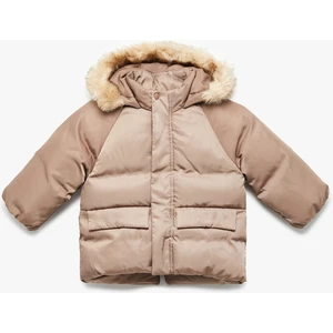 Uzun Kollu Cepli Peluş Detaylı Kapşonlu Şişme Mont