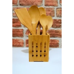Kare Bambu Standlı - Ahşap Kaşık Spatula  Servis Seti -6 Parça