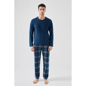Erkek Yumuşak Dokulu Lacivert Ekose Desenli Pijama Takımı