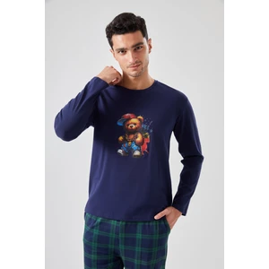 Erkek Pamuklu Ayıcık Baskılı Ekoseli Cepli Pijama Takımı