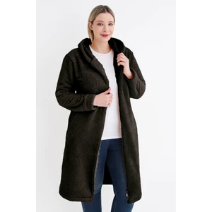 Kadın Büyük Beden Uzun Kollu Cepli Kapüşonlü Peluş Uzun Hırka