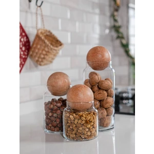 3'lü Ahşap Top Kapaklı Cam Kavanoz Seti - Erzak Kabı - Baharatlık - Çerezlik Saklama Kabı