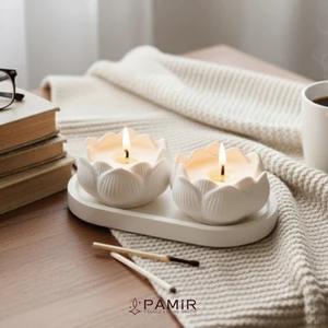 Dekoratif 2'li Lotus Amber Kokulu Mum Ve Oval Tabak Set 3'lü Şamdanlık Mumluk Orta Sehpa Objeler