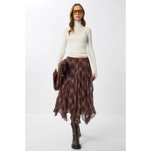 Desenli Kırışık Efektli Midi Şifon Etek LNS0082 Kahverengi