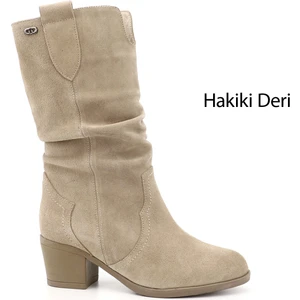 Kadın Bej Süet Kalın Topuklu Körüklü Hakiki Deri Çizme