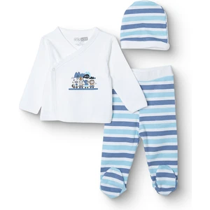 Hellobaby Erkek Bebek Yenidoğan Zıbın-Şapka-Patikli Interlok V Yaka Uzun Kol Patikli Paça