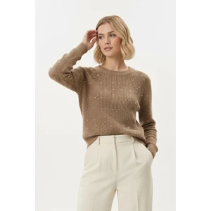 Koyu Vizon Kadın Taş İşleme Detaylı Bisiklet Yaka Triko Kazak 7045