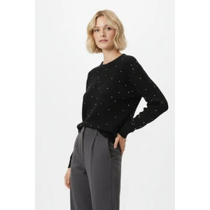 Siyah Kadın Taş İşleme Detaylı Bisiklet Yaka Triko Kazak 7045