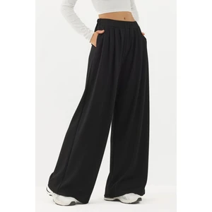 Kadın Modal Touch Pile Detaylı Geniş Paça Pantolon Siyah