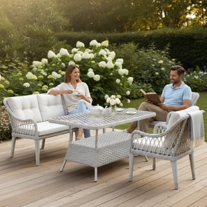 Kaş 3+1+1+Masa Rattan Bahçe Balkon Mobilyası,Krem Kumaş