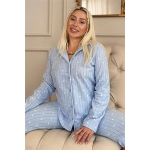 Mavi Dotted Desenli Önden Düğmeli Peluş Polar Pijama Takımı