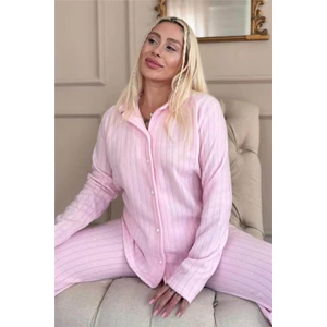 Toz Pembe Dotted Desenli Önden Düğmeli Peluş Polar Pijama Takımı