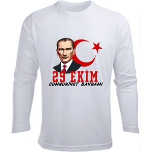 Uzun Kollu Yeni 29 Ekim Cumhuriyet Bayramı Atatürk Baskılı Pamuklu Çocuk T-Shirt