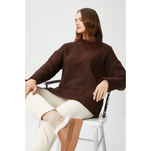 Kadın Homy Yumuşacık Bisiklet Yaka Kahverengi Oversize Triko Kazak