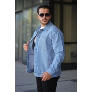 Erkek Regular Fit Düğmeli Vintage Açık Mavi Kot Ceket