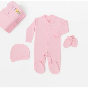 %100 Pamuk 0-9 Ay Kız Bebek Uzun Kollu Şapka ve Eldivenli Tulum Takımı