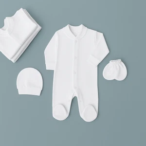 %100 Pamuk 0-9 Ay Kız Erkek Unisex Uzun Kollu Şapka ve Eldivenli Bebek Tulum