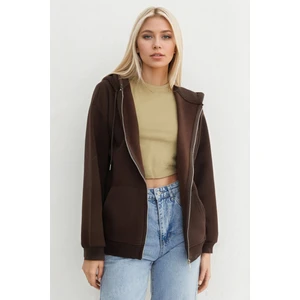 Kadın Kahverengi Fermuarlı Şardonlu Kapüşonlu Oversize Sweatshirt - 9015