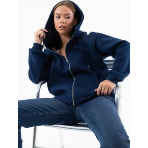 Kadın Indigo Fermuarlı Şardonlu Kapüşonlu Oversize Sweatshirt - 9015