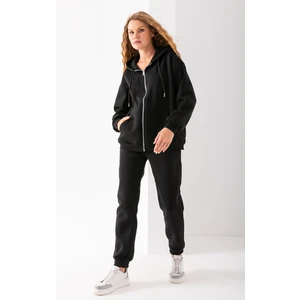 Kadın Fermuarlı Sweatshirt Siyah Şardonlu Oversize Kapüşonlu Hoodie - 9015