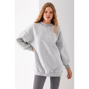 Kadın Karmelanj Üç İplik Pamuklu Ribanalı Bisiklet Yaka Oversize Sweatshirt - 2523