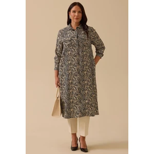 Kadın Büyük Beden Desenli Cep Detaylı Elbise 4003 Siyah