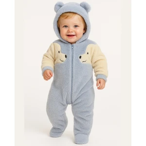 Welsoft Peluş Figürlü Kapüşonlu Mavi Bebek Tulum (0-12 Ay)