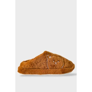 Önü Kapalı Ayıcık Baskılı Peluş Kadın Ev Terliği Taba