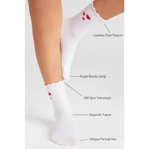 Bambu Kadın Beyaz Fırfırlı Lastiksiz Kalpli Kadın Soket 3lü Beyaz Çorap Iz Bırakmaz Sıkmayan Çorap