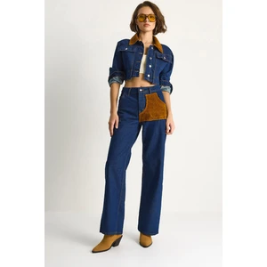 Kadın Kadife Yaka Ceket Renk Bloklu Wide Leg Pantolon Denim Takım