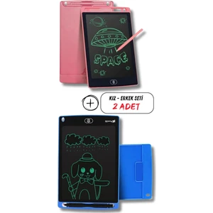 Mucit Home Kız Çocuk Pembe Tablet + Erkek Çocuk Mavi Tablet 2 Adet Digital Çocuk Yazı Çizim Tableti LCD 8.5 Inc