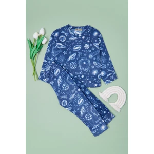 Galaksi Desenli Bisiklet Yaka Polar Unisex Çocuk Pijama Takımı