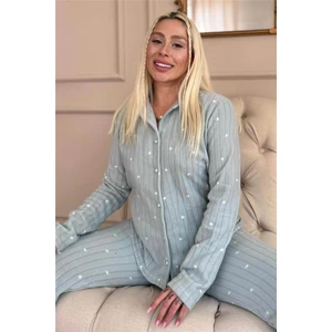 Mint Jantung Desenli Önden Düğmeli Peluş Polar Pijama Takımı