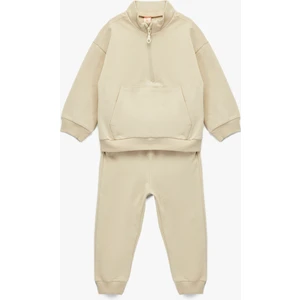 Dik Yaka Fermuar Detaylı Uzun Kollu Pamuklu Basic Eşofman Takımı