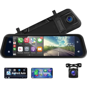 Teknomie 9.66'' Carplay & Android Auto Araç Içi Dikiz Aynası Dvr – 2k Ön + 1080P Arka Kamera, IPS Dokunmatik Ekran, Sesli Komut, Gece Görüş, IP67 Su Geçirmez