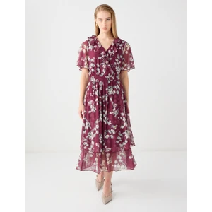 Jimmy Key Bordo Kruvaze Yaka Kısa Kollu Çiçek Desenli Midi Elbise