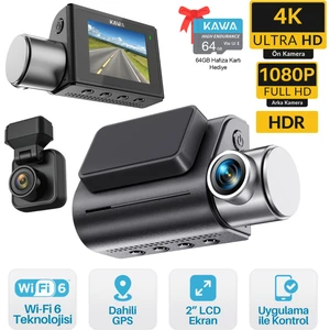 D7 2 Kameralı Ön ve Arka 4K+1080P Hdr Wi-Fi 6 ve Gps'li Araç Kamerası + 64GB Hafıza Kartı