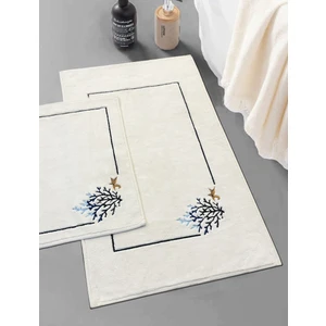 Sea Weed Ekru 2li Nakışlı Pamuklu Banyo Paspası, Kaymaz Tabanlı