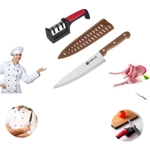 Profesyonel Şef Bıçağı 32,5 cm + Bileme Aleti Seti | Paslanmaz Çelik, Kılıflı, Keskin ve Dayanıklı