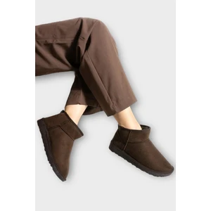 Mini Süet Içi Kürklü Alçak Taban Bilekte Kısa Kadın Bot Kahverengi