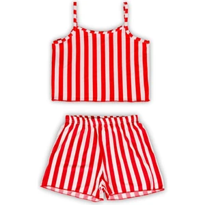 Kiraz ve Çizgili Askılı Üst, Şort 2'li Kız Çocuk Pijama Takımı