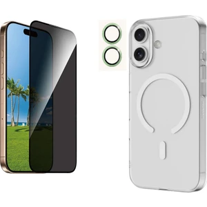 Iphone 17 Şeffaf Mika Magsafe Kılıf + Antistatik Hayalet Ekran Koruyucu + Kamera Koruyucu Yeşil