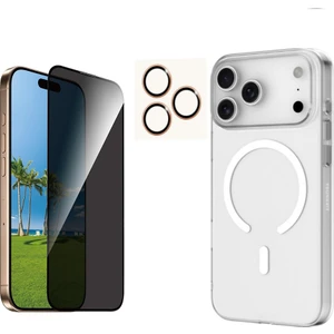 Iphone 17 Pro Şeffaf Mika Magsafe Kılıf + Antistatik Hayalet Ekran Koruyucu + Kamera Koruyucu Turuncu