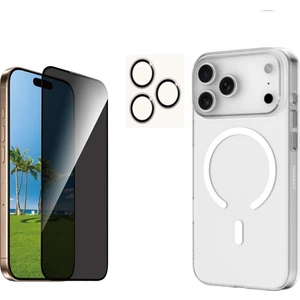 Iphone 17 Pro Max Şeffaf Mika Magsafe Kılıf + Antistatik Hayalet Ekran Koruyucu + Kamera Koruyucu Gümüş